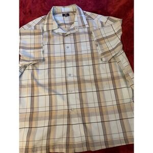 George Mens 3XL Plaid Short Sleeve Button Down Shirt Light Blue Tan Brown 3X